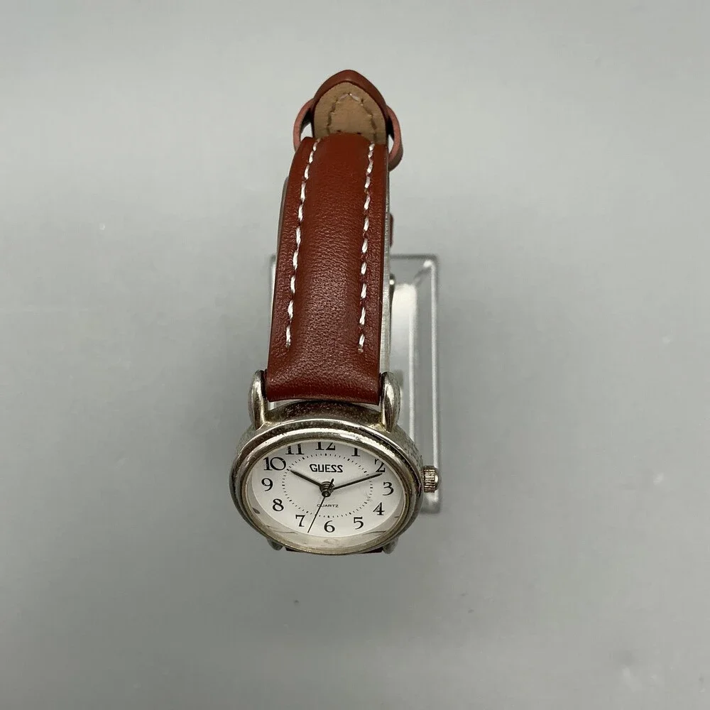 Vintage Guess Womens Watch 25mm Silver Tone White Dial Brown Leather New Battery